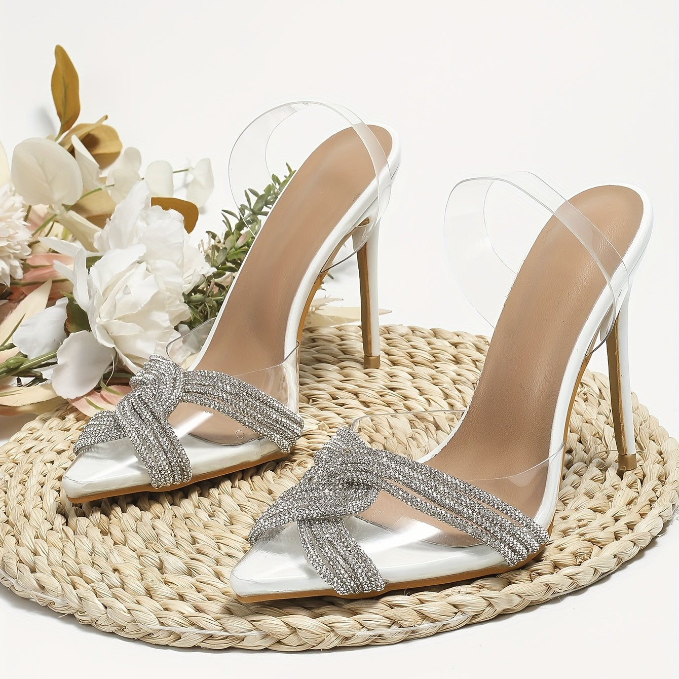 Rhinestone Sandals Point Toe Stiletto Heel Glitter Dress Shoes