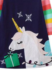 Girls' Unicorn Embroidery Striped Raglan Dress