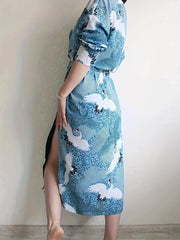 Crane Animal Print Long Sleeve Kimono Cover Up Shirt