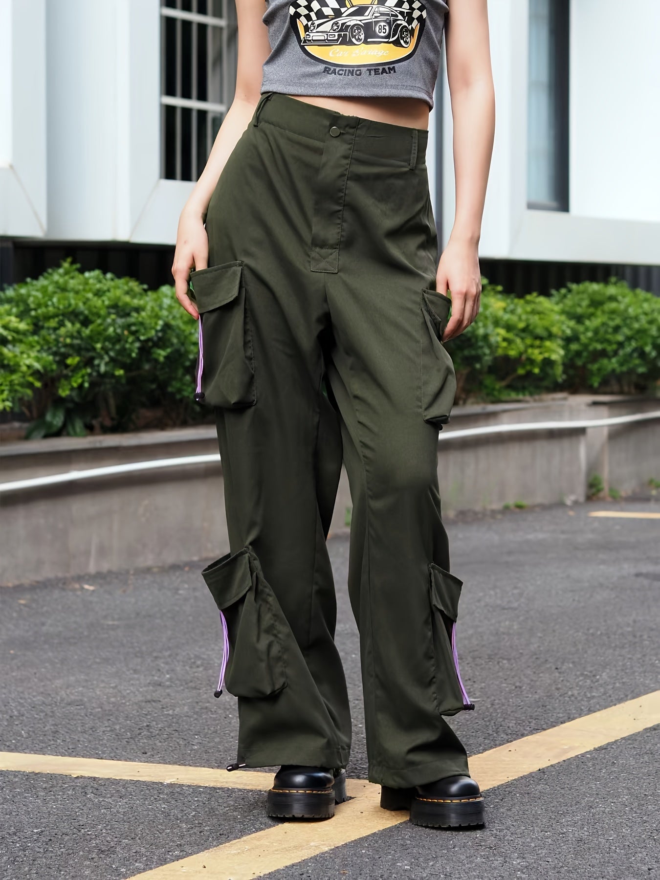  Y2K Cargo Pants Women's Solid Drawstring Loose Fit Flap Pockets
