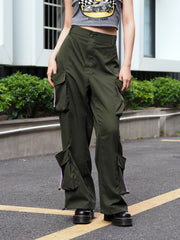  Y2K Cargo Pants Women's Solid Drawstring Loose Fit Flap Pockets