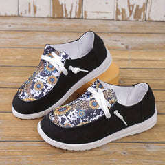 Women's Cow & Leopard Pattern Shoes Lace Up Slip On Round Toe Canvas Shoes
