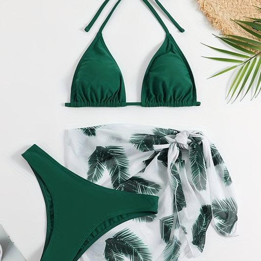 Halter Neck Bikini Set V Neck Backless High Cut Cover Up Bathing Suit