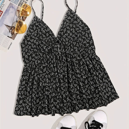  Ditsy Floral Print V Neck Peplum Cami Top