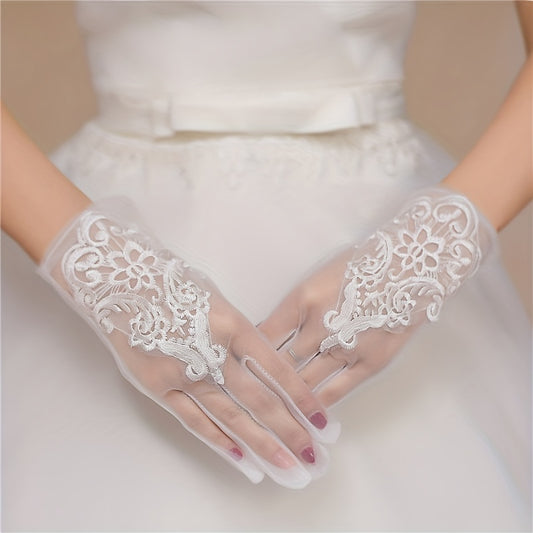 Bridal Wedding Dress Gloves Mesh Lace Floral Embroidery Gloves Short