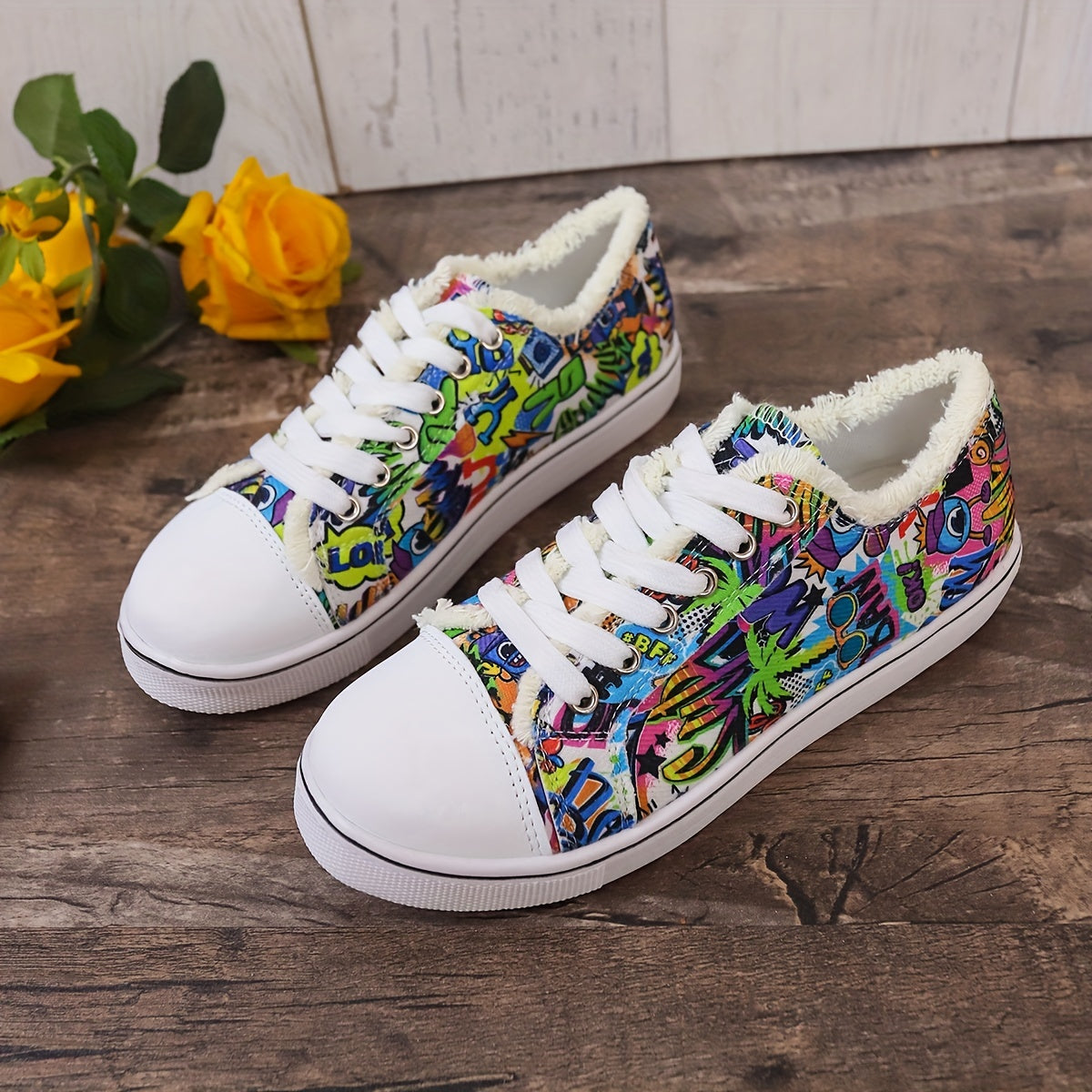 Women's Graffiti Printed Canvas Sneakers Lace Up Flat Shoes
