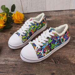 Women's Graffiti Printed Canvas Sneakers Lace Up Flat Shoes