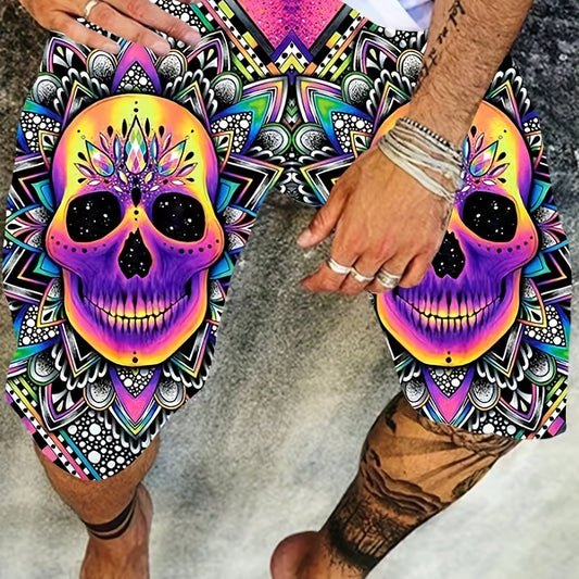 Men's Floral Skull Graphic Shorts 3D Print Elastic Waist Slightly Stretch Shorts