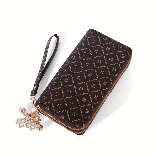 Heart Print Clutch Bag Faux Leather Long Wallet with Wristlet