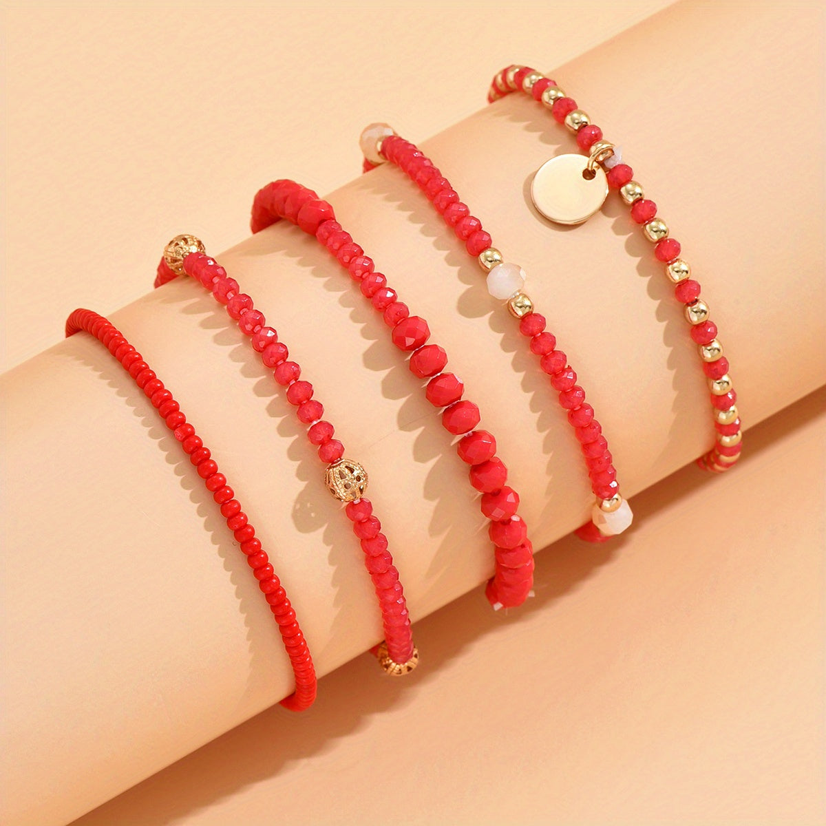 Flat Round Pendant Beaded Bracelet Set 5 Pcs