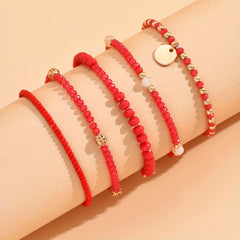 Flat Round Pendant Beaded Bracelet Set 5 Pcs