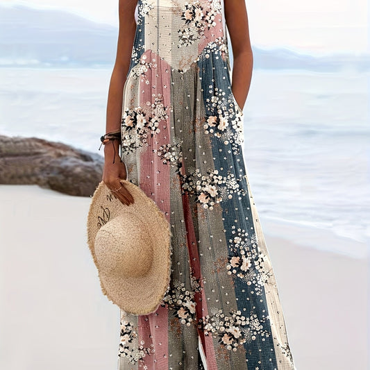  Colorblock Floral Print Wide Leg Jumpsuit