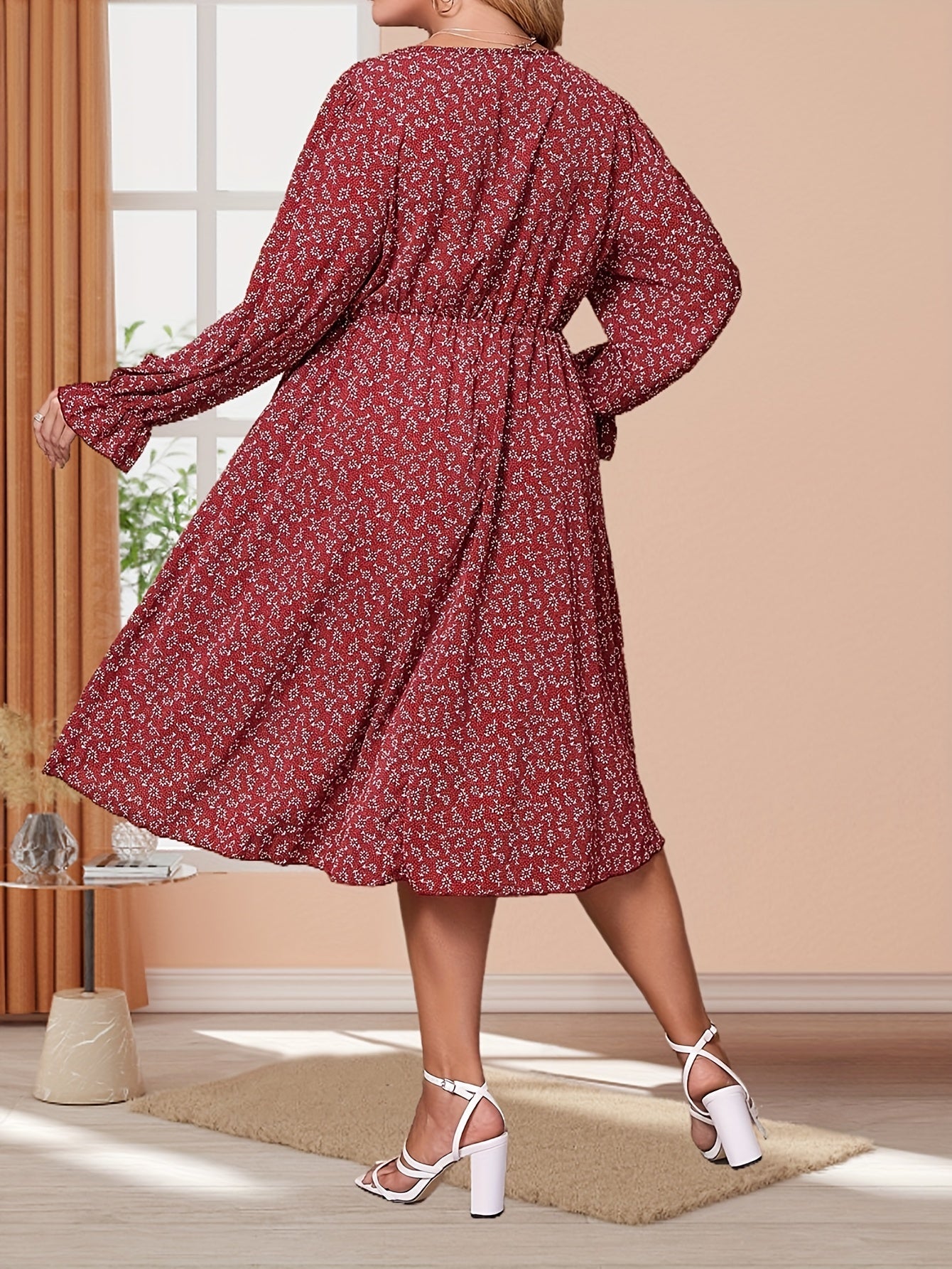  Boho Dress Women's Plus Floral Ruffle Trim Tie Front Summer Dress
