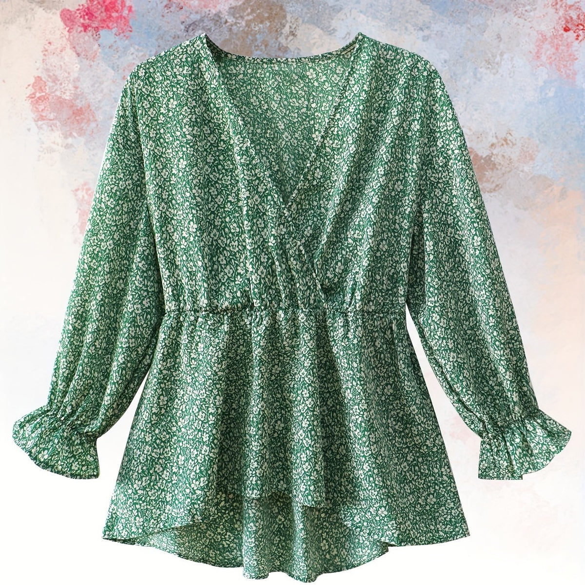  Ditsy Print Lantern Sleeve Peplum Top