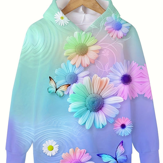 Flower Print Hooded Pullover Sweatshirt for Kids