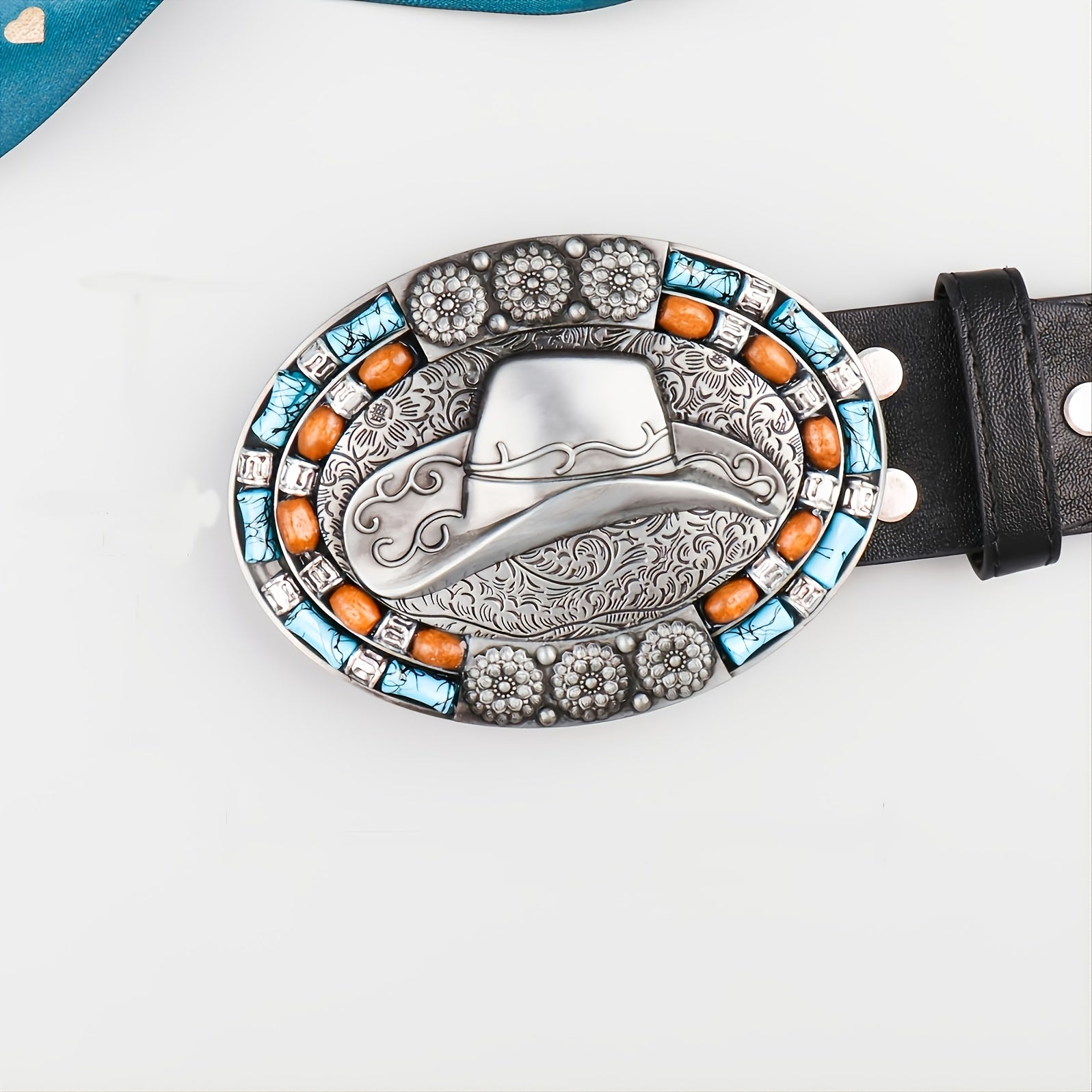 Men's Vintage Leather Cowboy Hat with Beads Oval Buckle Belt