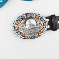 Men's Vintage Leather Cowboy Hat with Beads Oval Buckle Belt