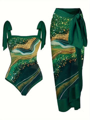  Marble Print Tankini Set One Piece Swimsuit & Skirt Two Piece Bathing