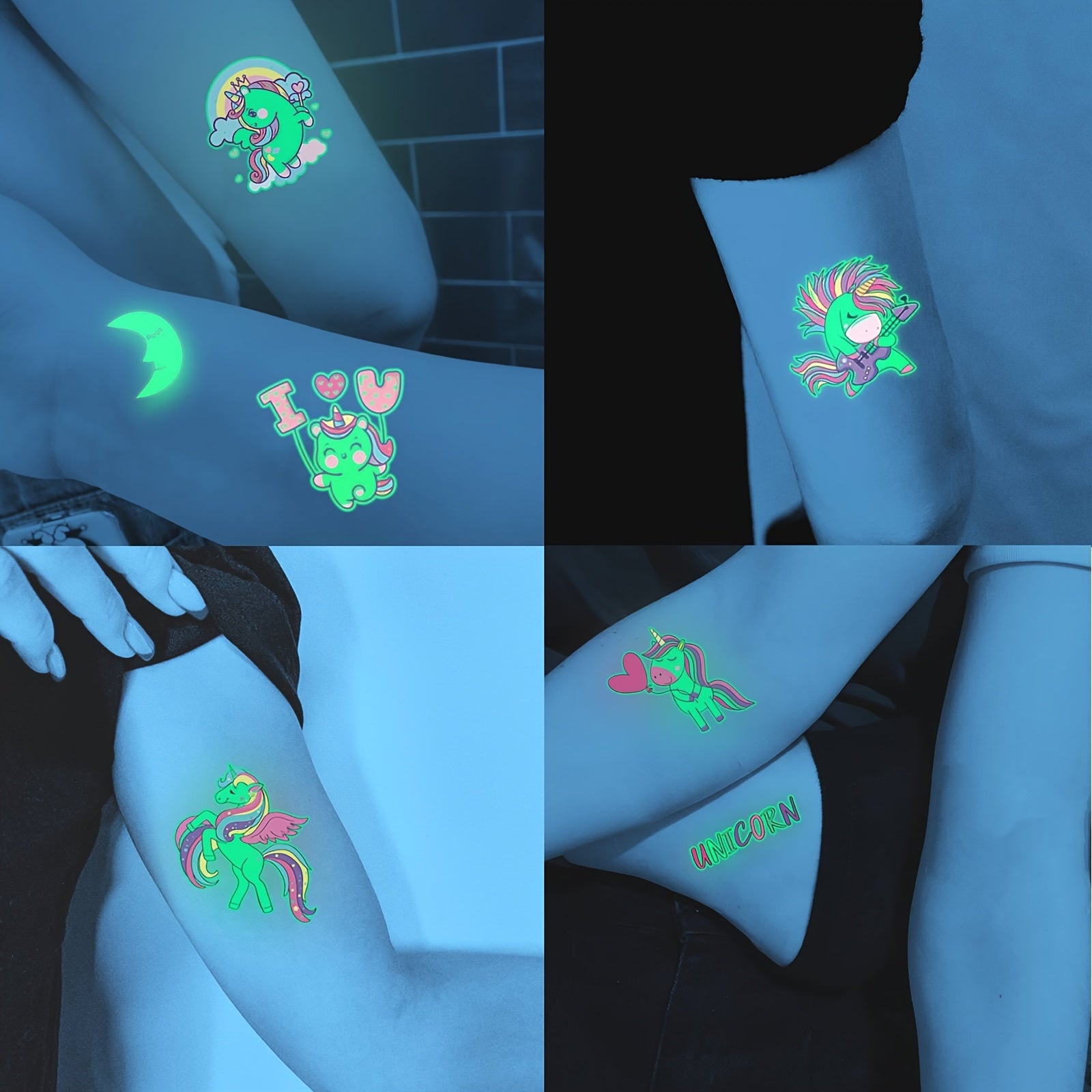 15 Unicorn Glow in Dark Tattoos Waterproof Stickers for Kids