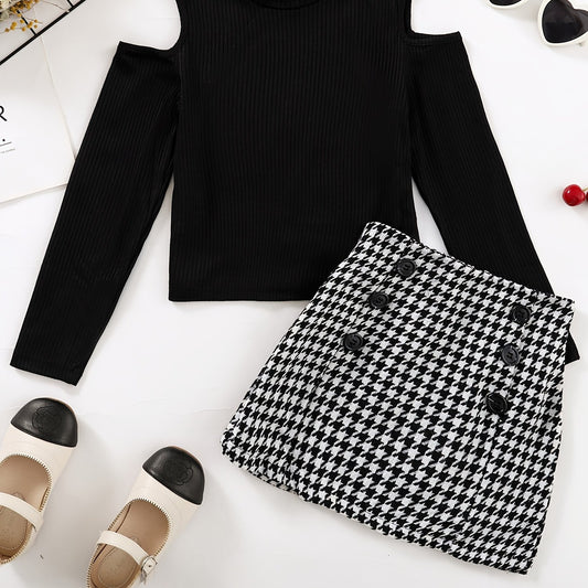 Girls Cold Shoulder Long Sleeve Top Houndstooth Skirt Set