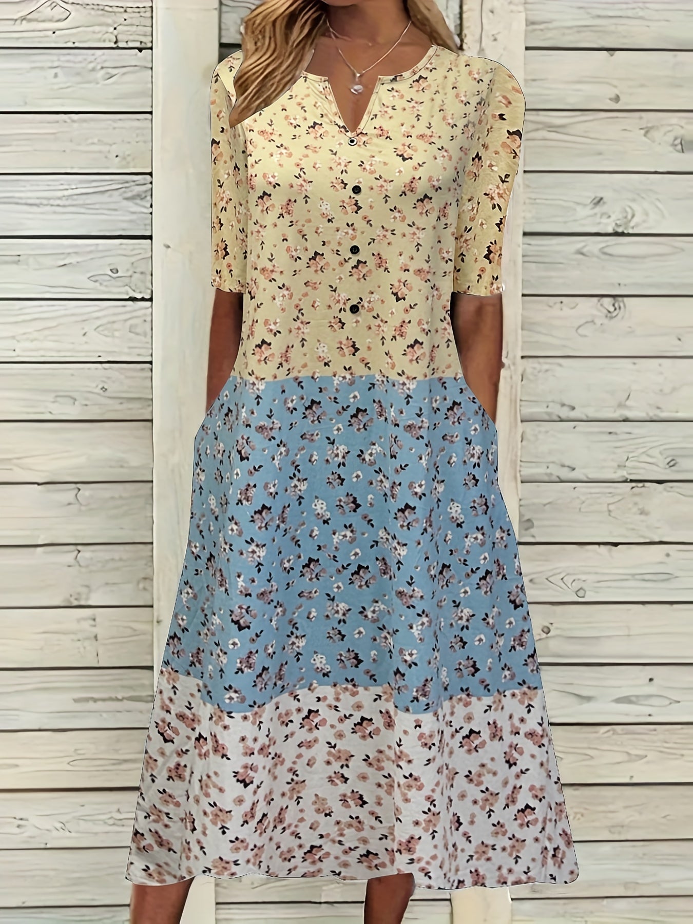  Colorblock Ditsy Print Notched Neck Dress