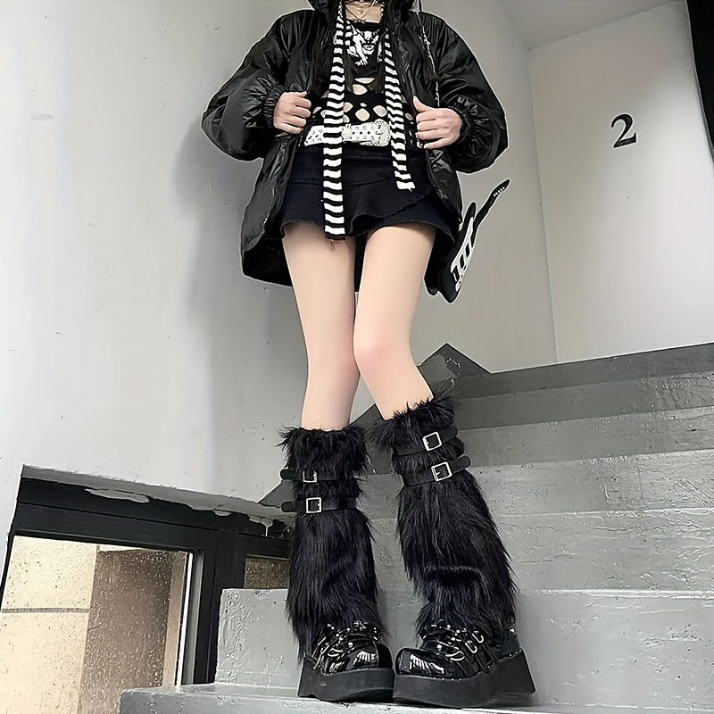 Adjustable Fuzzy Leg Warmers Y2K Knee High Socks Women's Stockings