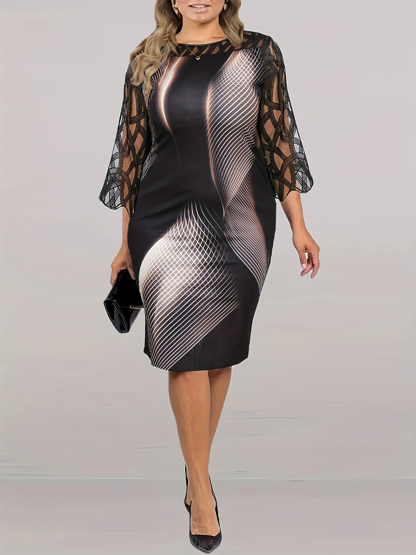  Stripe Print Lace Panel Half Sleeve Round Neck Dress