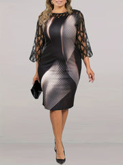  Stripe Print Lace Panel Half Sleeve Round Neck Dress