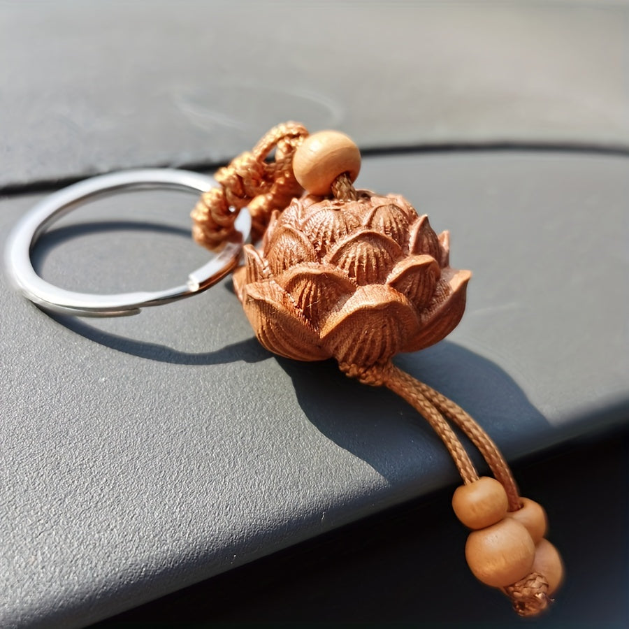 Peach Wood Lotus Car Key Chain Wooden Pendant Gift Souvenir