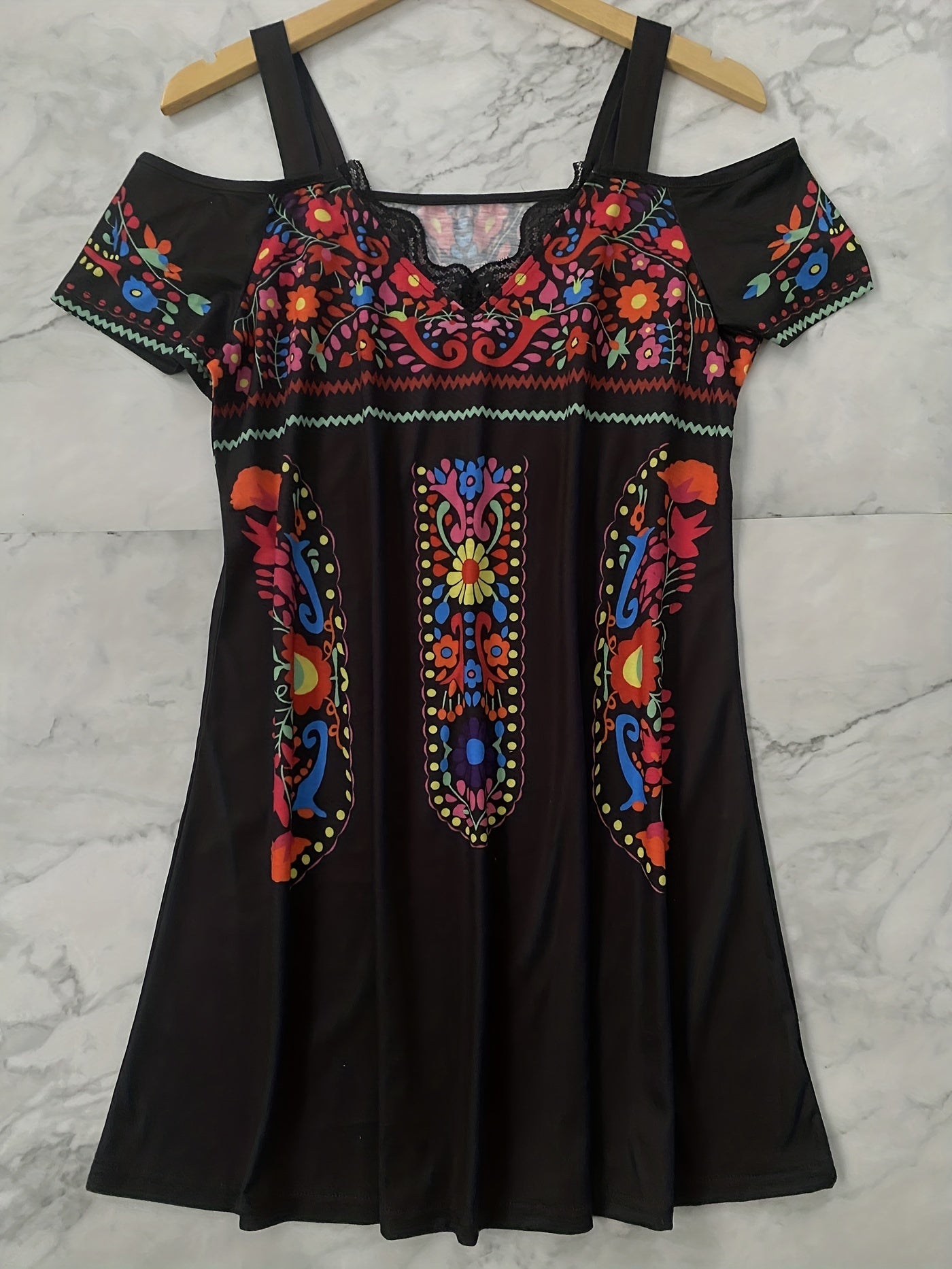 Tribal Print Cold Shoulder Dress Short Sleeve V Neck Dress