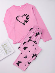 Butterfly Print Pajama Set Crew Neck Top & Pants Women's Sleepwear