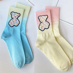 2 Pairs Bear Pattern & Ombre Mid Tube Socks Women's Stockings