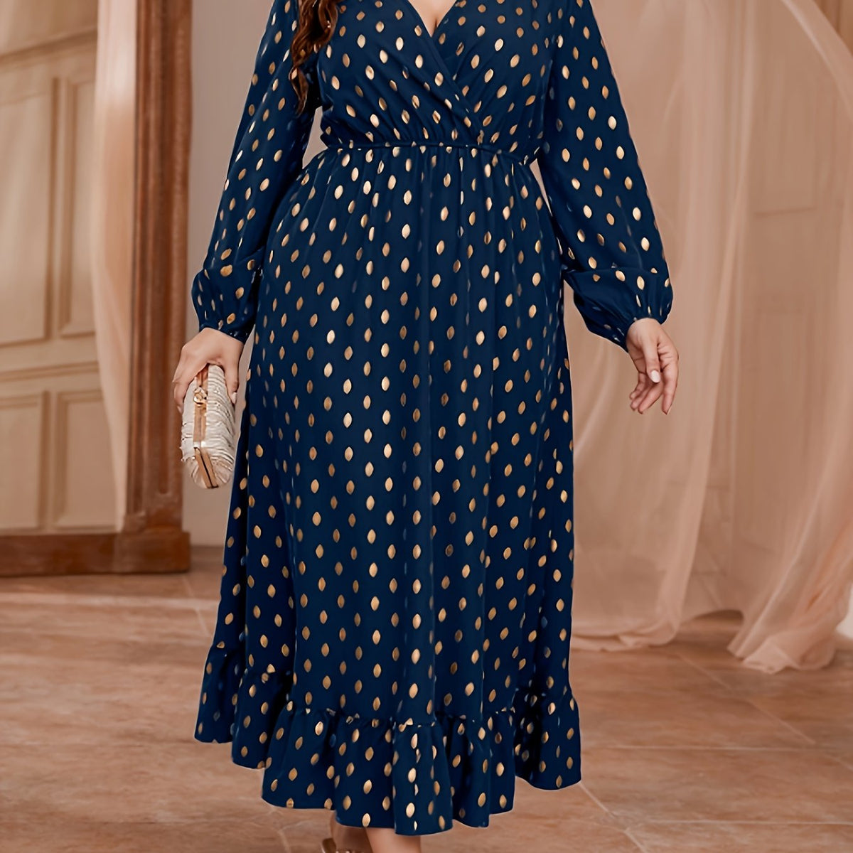 Plus Dot Print Long Sleeve Maxi Dress