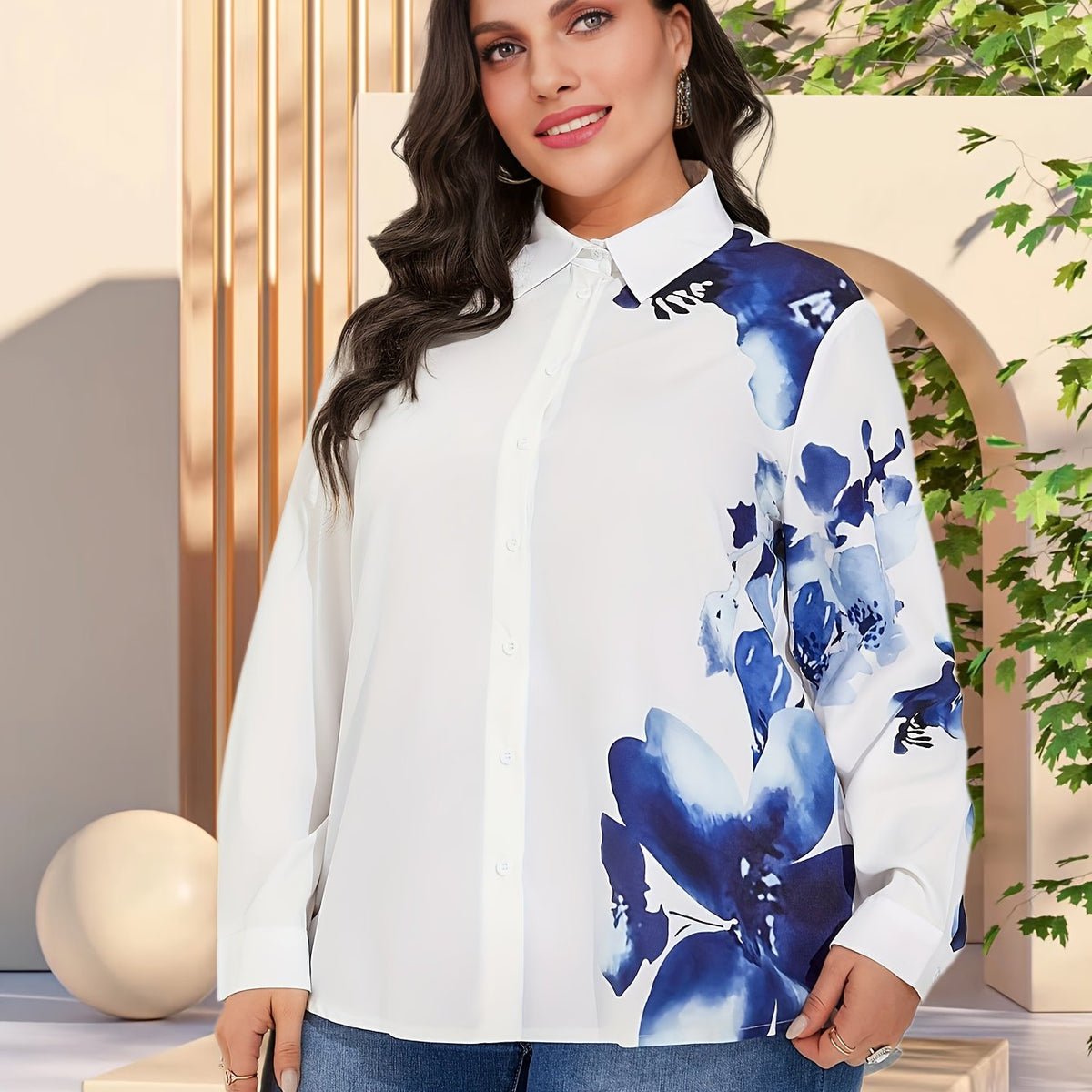  Floral Print Button Up Long Sleeve Blouse