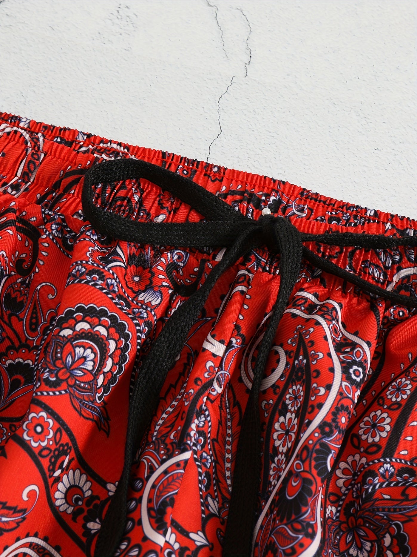  Boho Shorts Women's Plus Paisley Print Pompom Trim Elastic Vacay Short