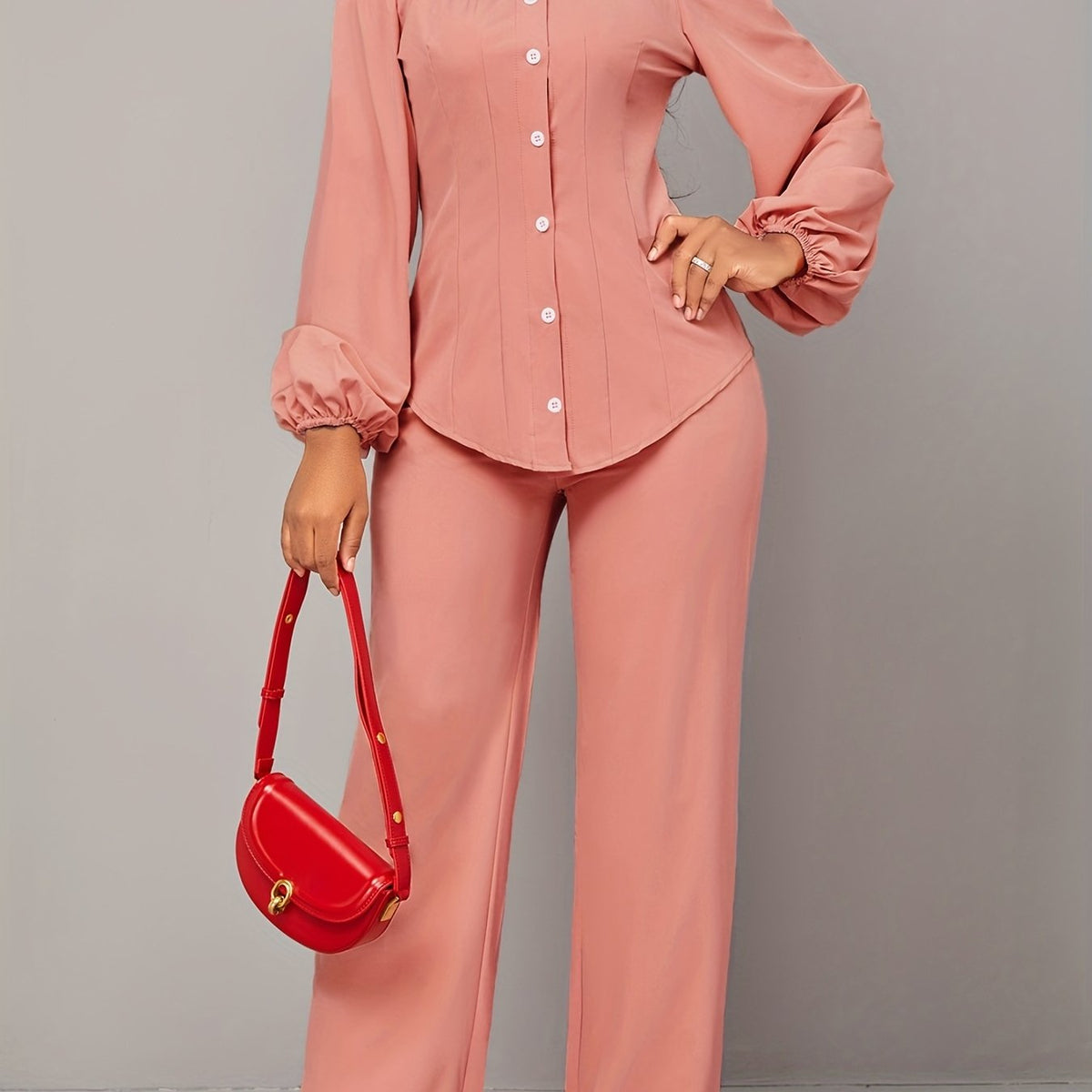 Causal Two piece Set Off Shoulder Lantern Sleeve Button Top & Straight Leg Pants