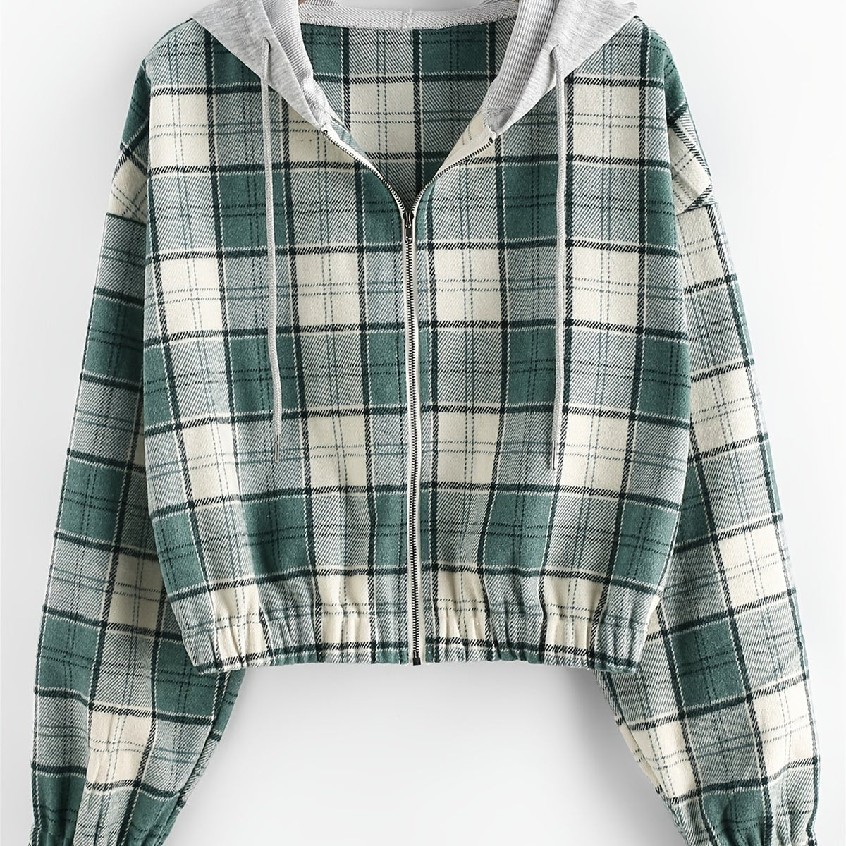 Plaid Crop Jacket Hooded Zipper