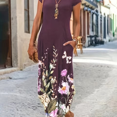 Women's Plus Floral Print Short Sleeve Dress With Pockets