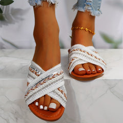 Women's Tribal Style Flat Slippers Open Toe with Faux Pearl Sequin Decor