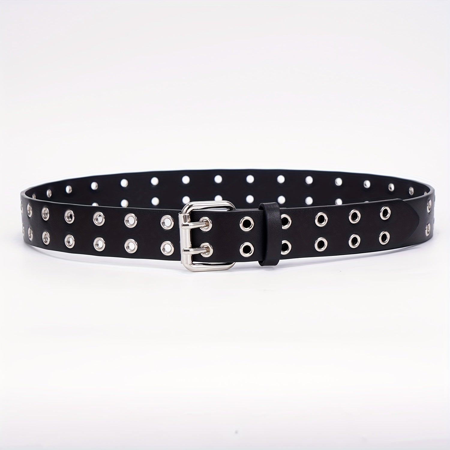Leather Metal Eyelet Belt Double Pin Buckle Casual Punk Rock Belt