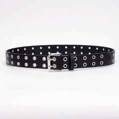 Leather Metal Eyelet Belt Double Pin Buckle Casual Punk Rock Belt