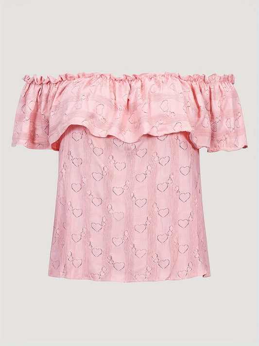  Heart Print Off Shoulder Blouse Ruffle Trim