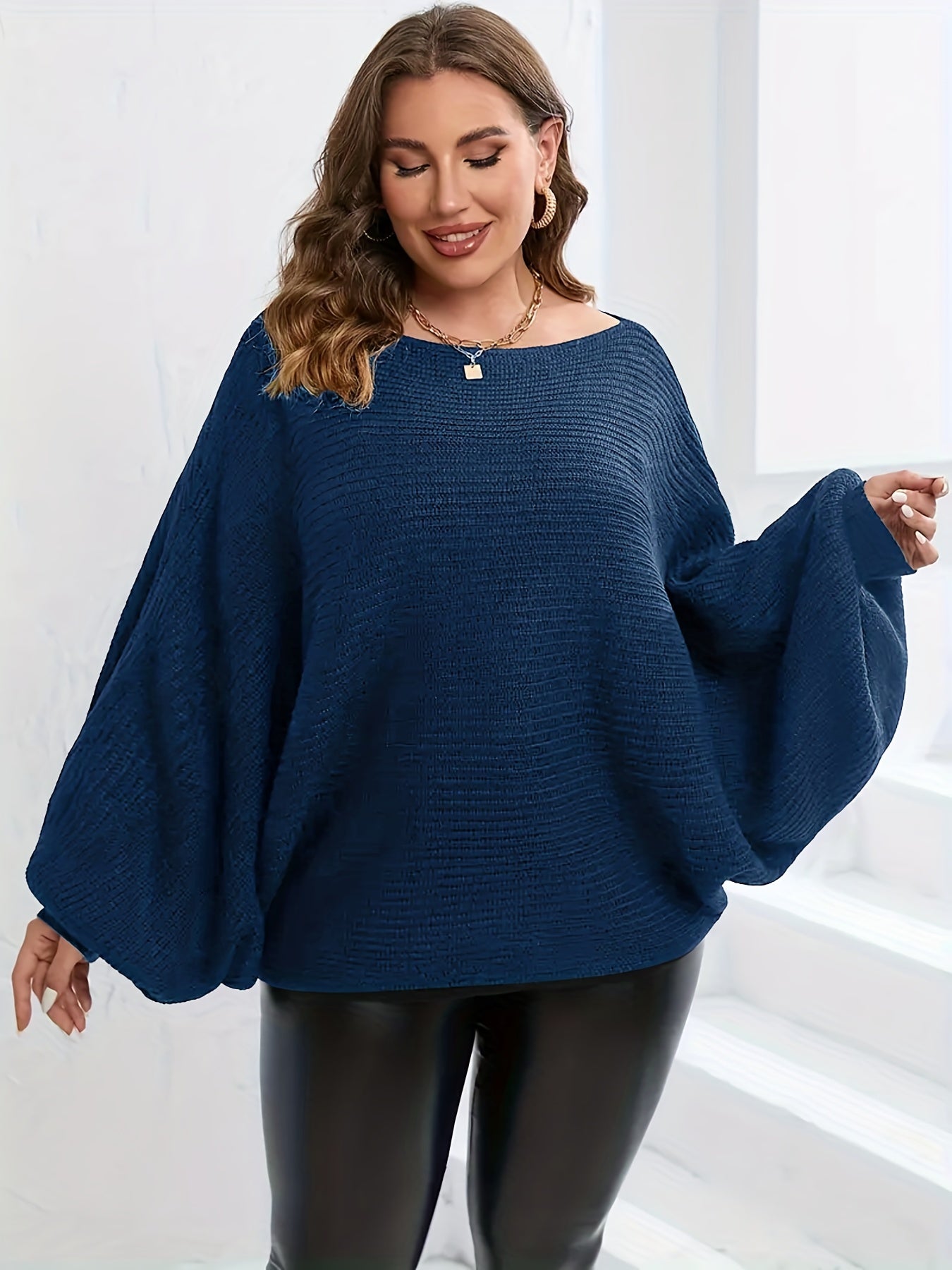  Off Shoulder Batwing Solid Sweater Women's Plus Casual