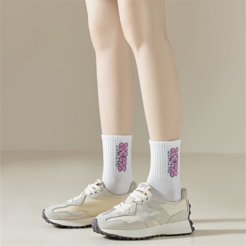 5 Pairs Floral & Heart Print Socks Mid Tube Women's Stockings & Hosiery
