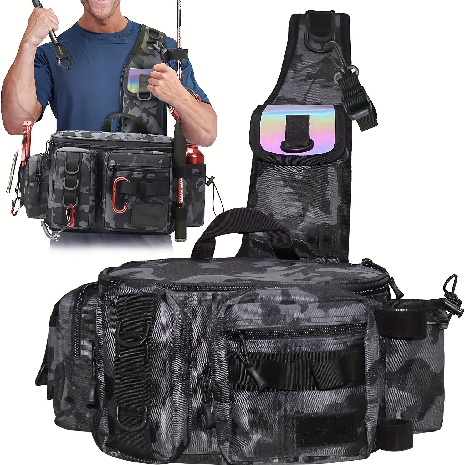 Fishing Backpack Tackle Sling Bag with Rod Holder
