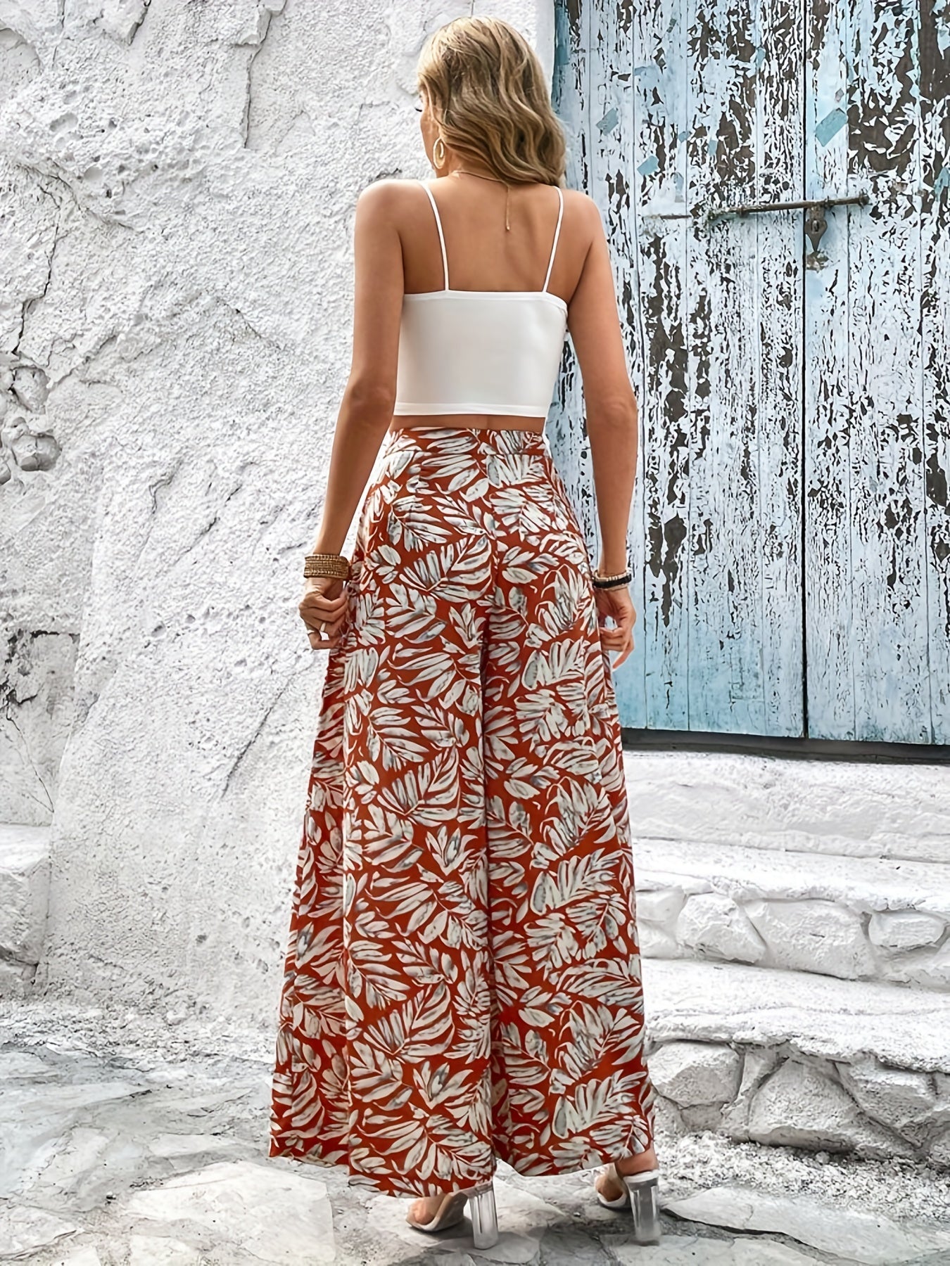 Floral Wide Leg Pants High Waist Casual Wear