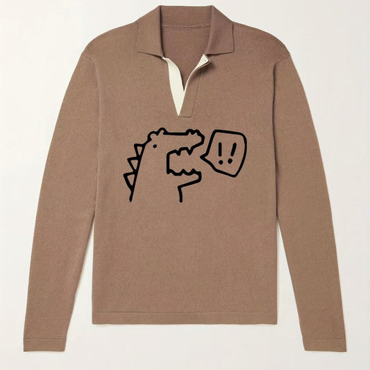 Dino Pattern Knit Polo Shirt Men's Casual Sweater