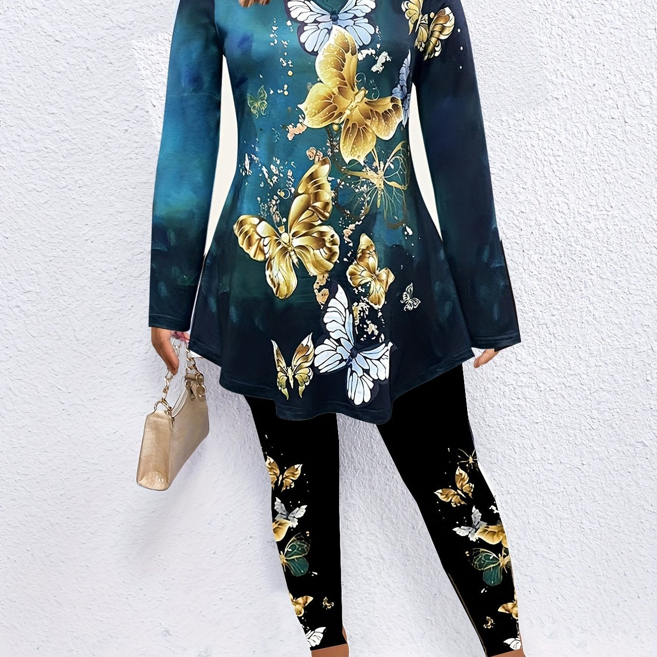 Women's Plus Butterfly Print Peplum Top & Leggings Set