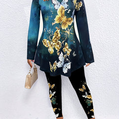 Women's Plus Butterfly Print Peplum Top & Leggings Set