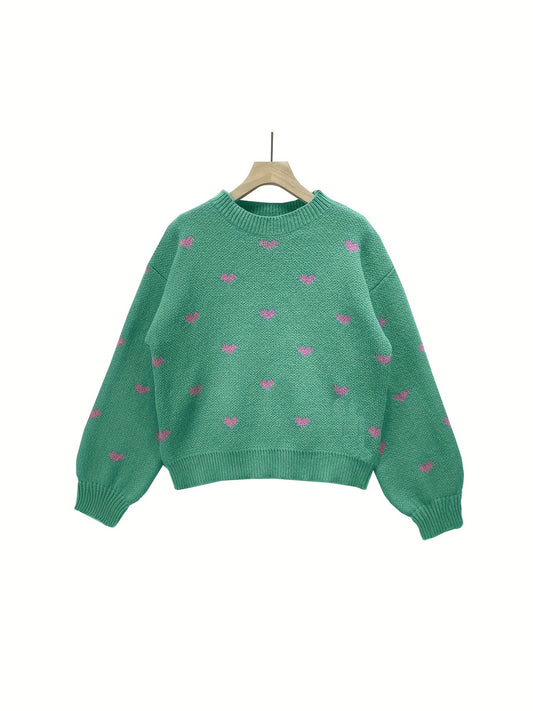 Heart Print Mock Neck Knit Sweater Casual Drop Shoulder Long Sleeve